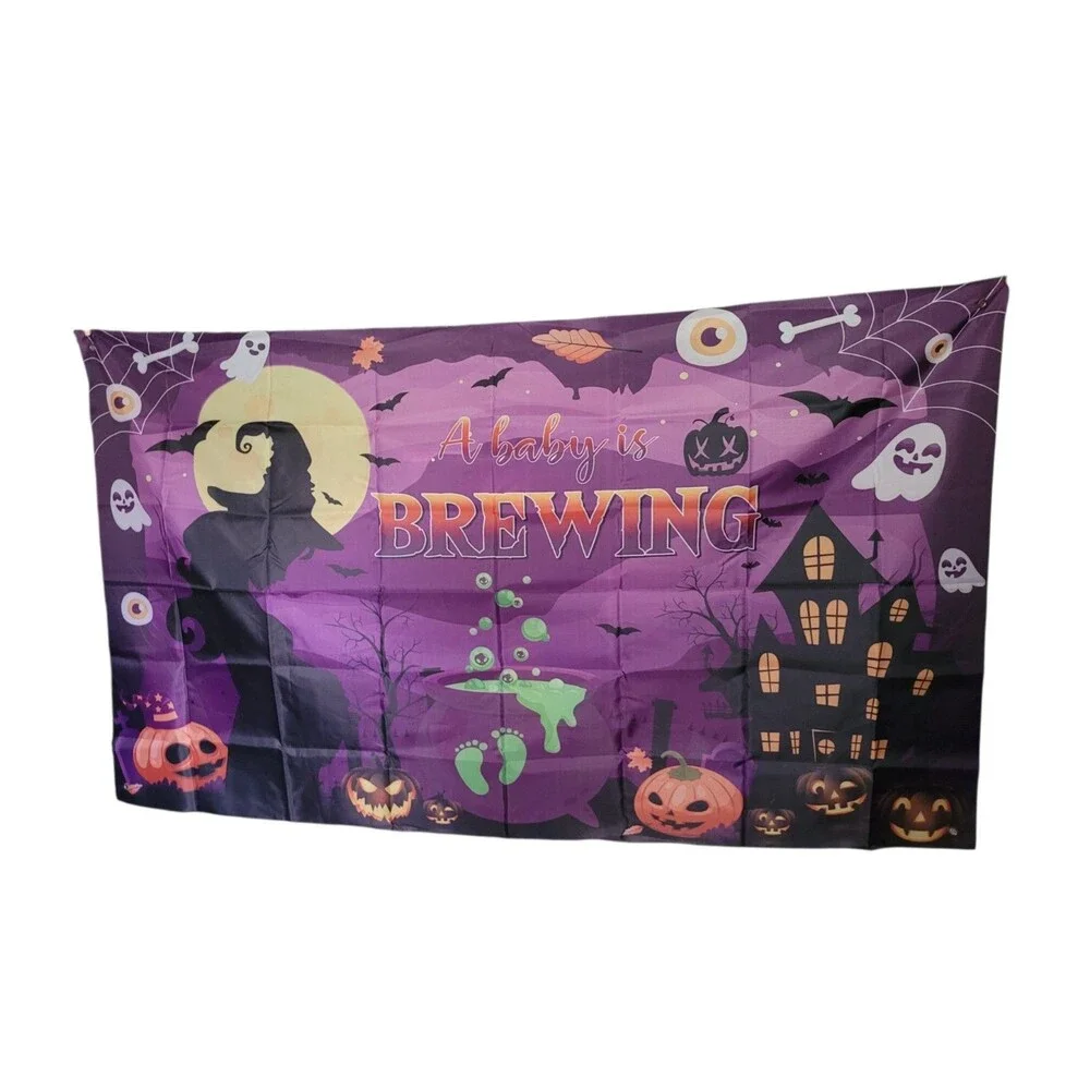 Halloween Baby Shower Decor Set Baby Is Brewing XL Banner & Rectangle Tablecloth